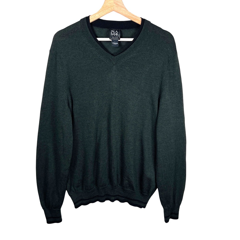 Jos‎ A Bank Traveler Classic V Neck Sweater Mens L Dark Green 100% Merino Wool